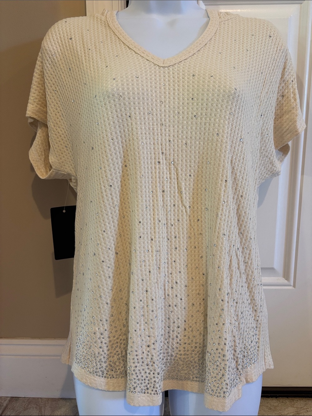 Women's Cream V-Neck Short Sleeve Waffle Knit Hooded Top with Rhinestone Detail